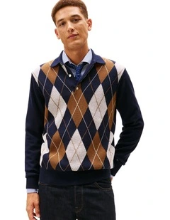 Argyle Rugby Collar Jumper in Navy