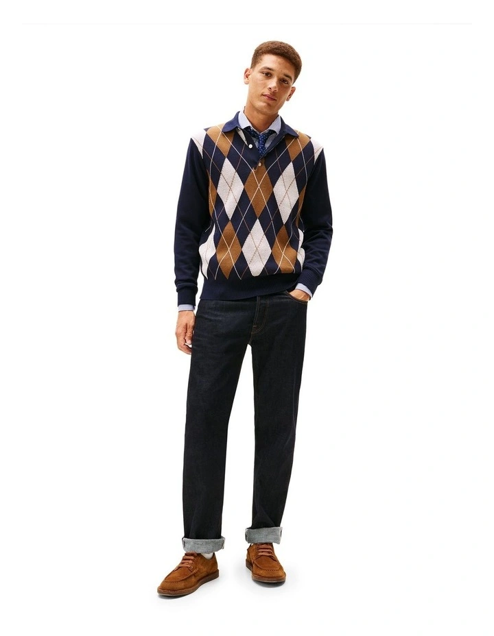 Argyle Rugby Collar Jumper in Navy image 3