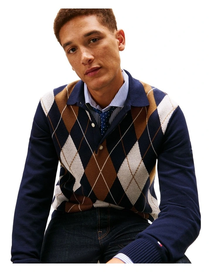 Argyle Rugby Collar Jumper in Navy image 4
