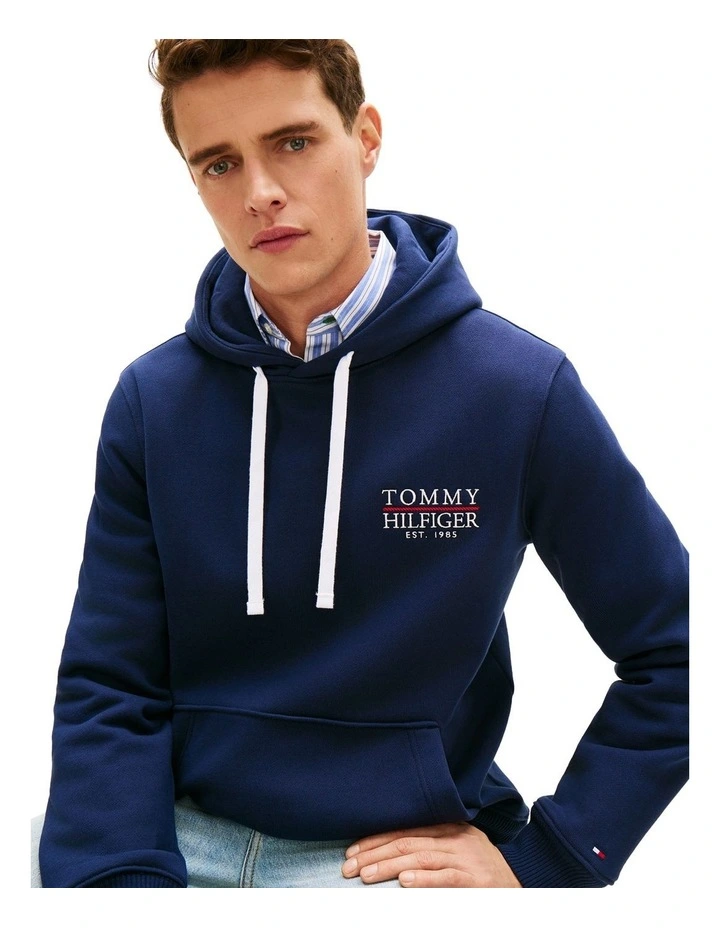 Heritage Logo Embroidery Drawstring Hoody in Blue image 3