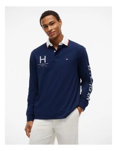 Classic Fit Logo Long Sleeve Polo Shirt in Blue