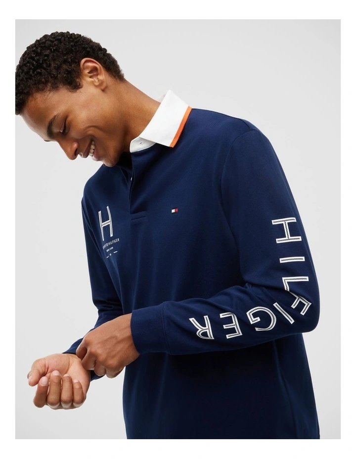 Classic Fit Logo Long Sleeve Polo Shirt in Blue image 2