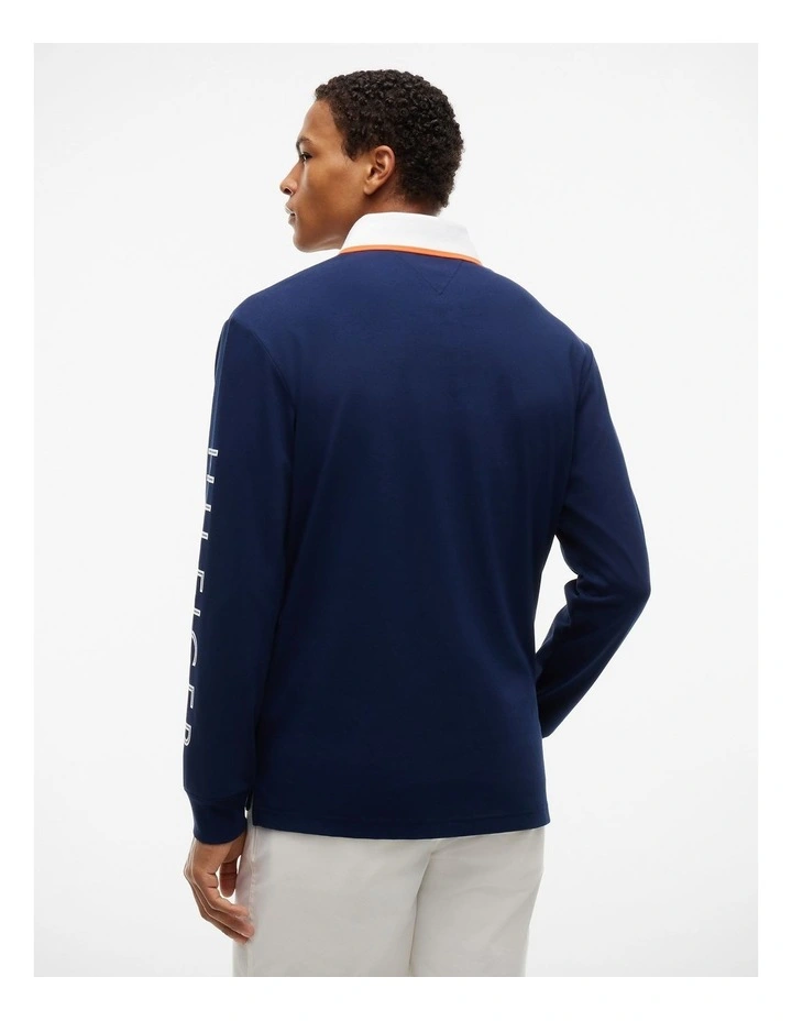 Classic Fit Logo Long Sleeve Polo Shirt in Blue image 3