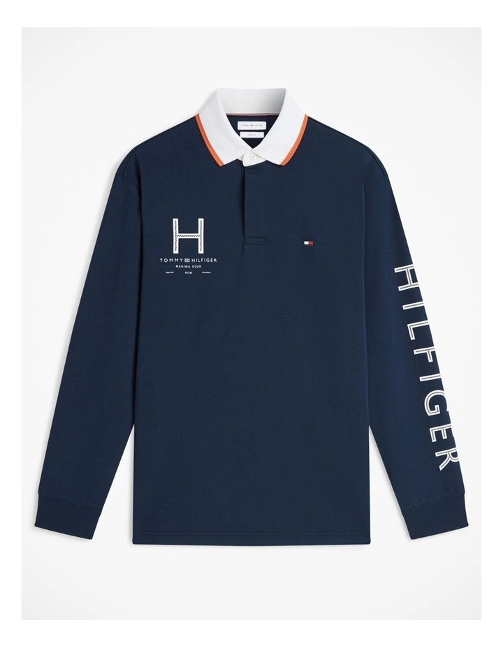 Classic Fit Logo Long Sleeve Polo Shirt in Blue image 6