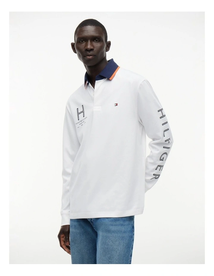 Classic Fit Logo Long Sleeve Polo Shirt in White image 1