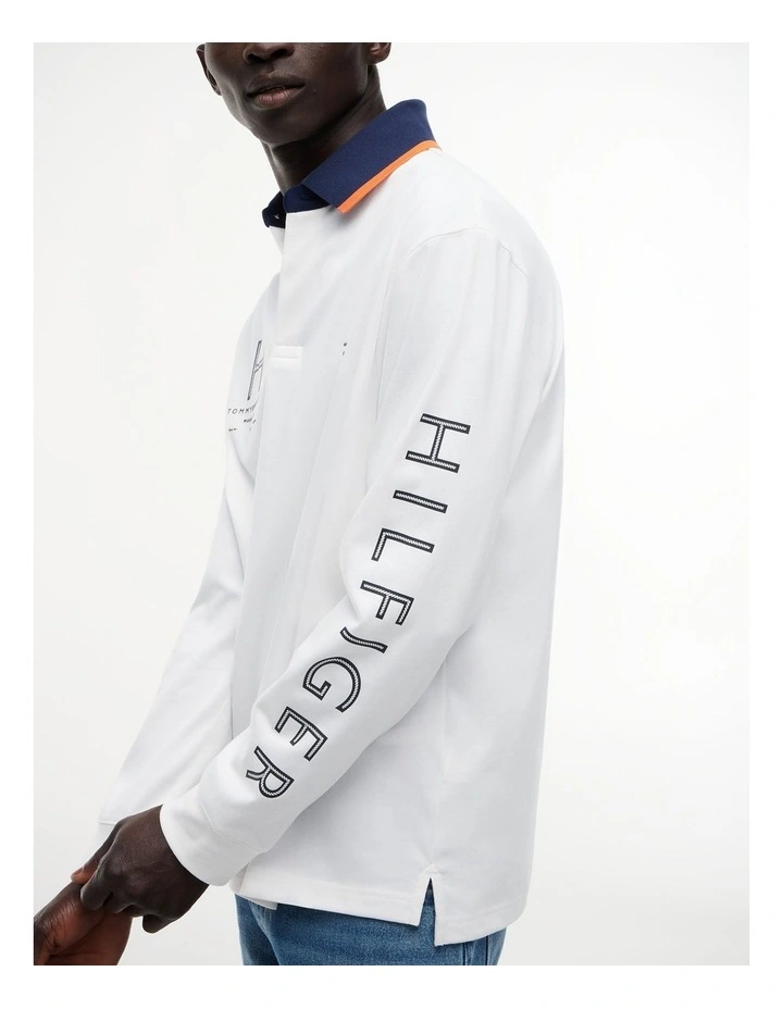 Classic Fit Logo Long Sleeve Polo Shirt in White image 3