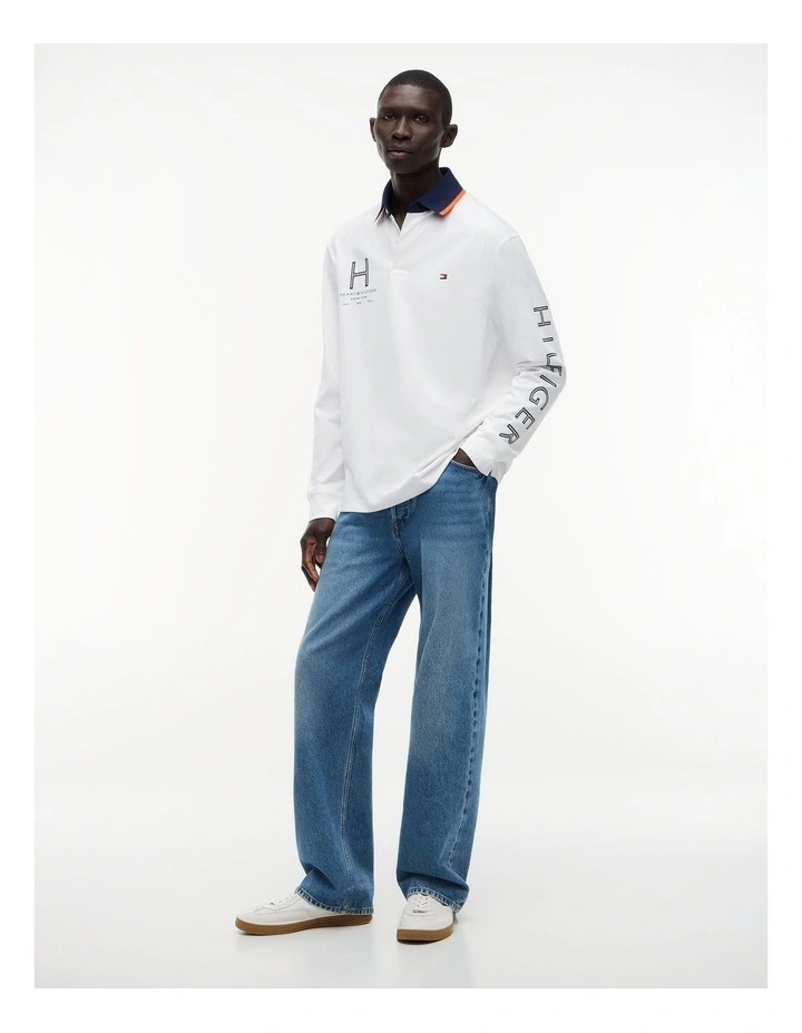 Classic Fit Logo Long Sleeve Polo Shirt in White image 5