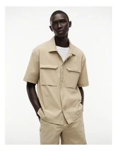 Performance Oversized Utility Short Sleeve Shirt in Beige