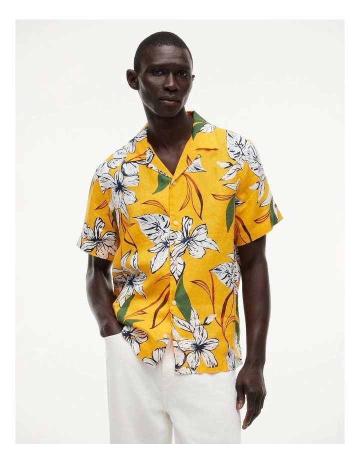 Regular Tropical Print Linen Short Sleeve Shirt in Yellow image 1