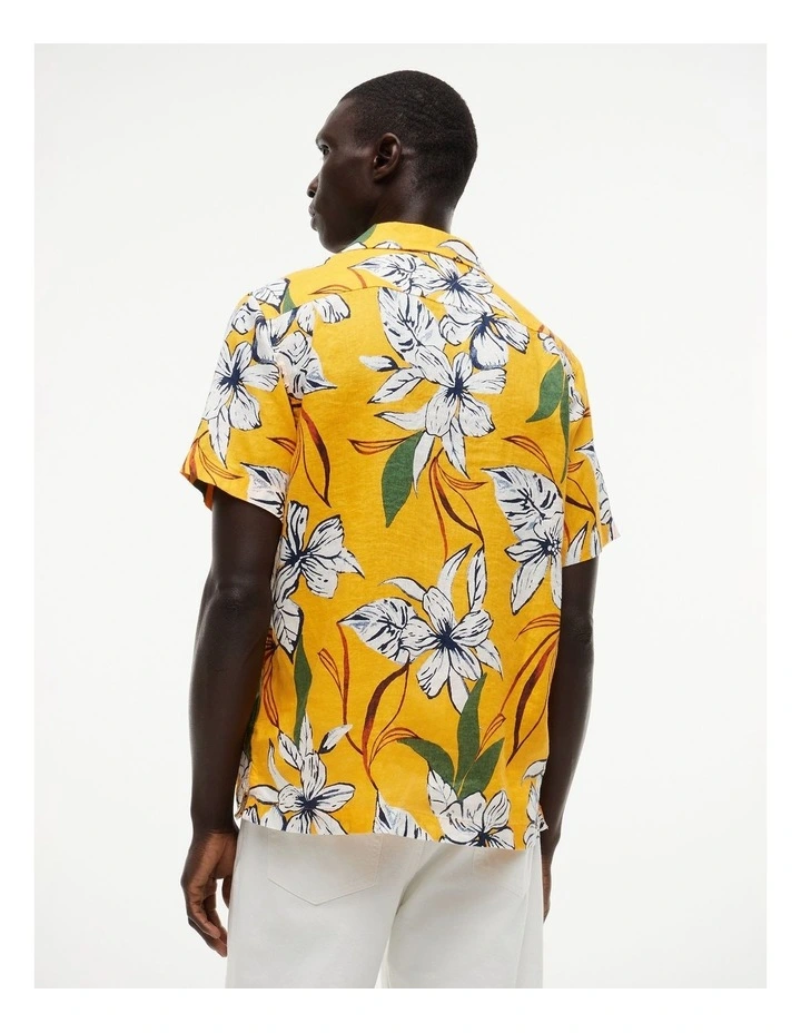 Regular Tropical Print Linen Short Sleeve Shirt in Yellow image 2