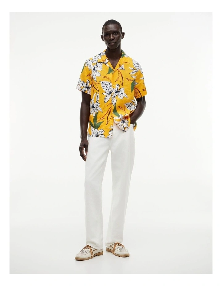 Regular Tropical Print Linen Short Sleeve Shirt in Yellow image 4