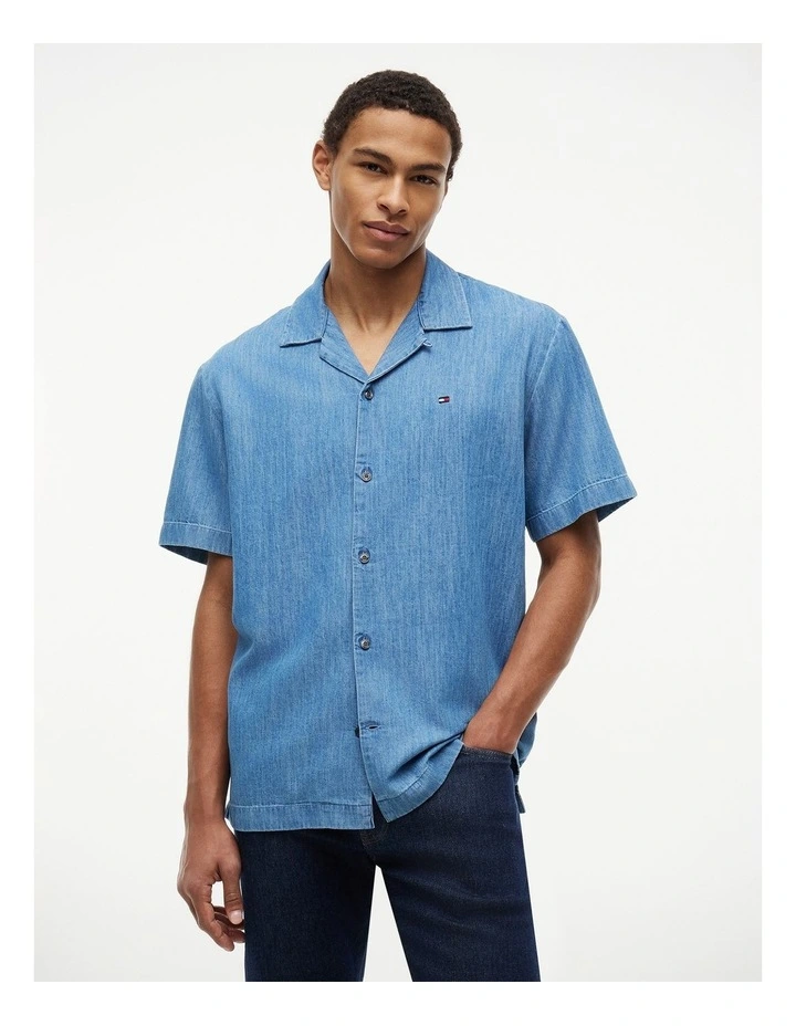 Relaxed Fit Short Sleeve Denim Shirt in Blue image 1