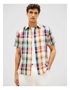 Linen Blend Plaid Shirt in Orange