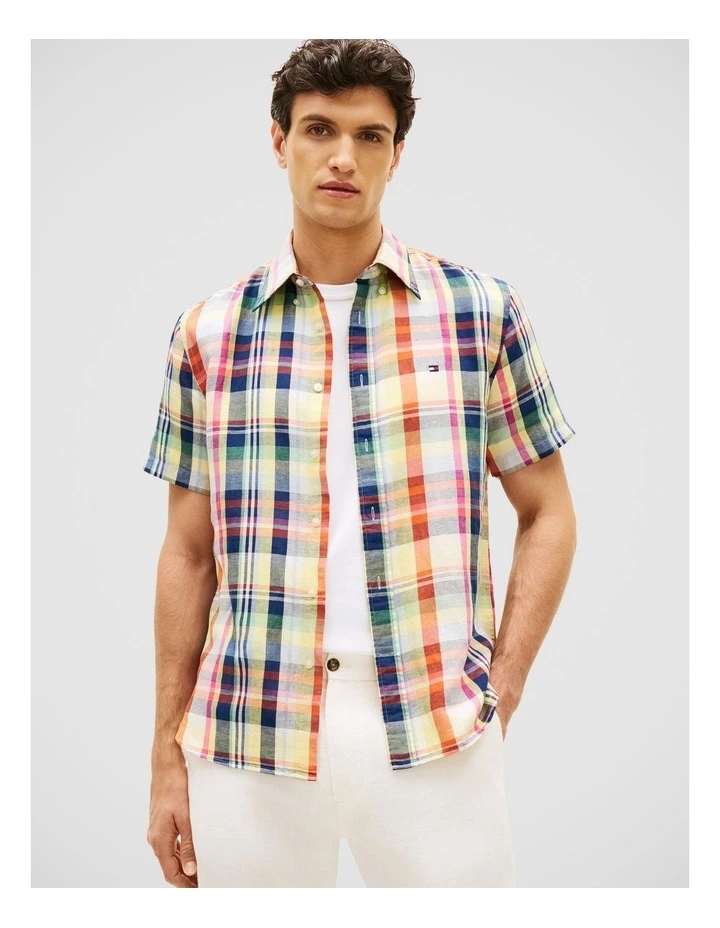 Linen Blend Plaid Shirt in Orange image 1
