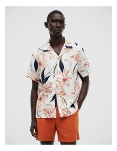 Regular Tropical Print Linen Short Sleeve Shirt in Beige