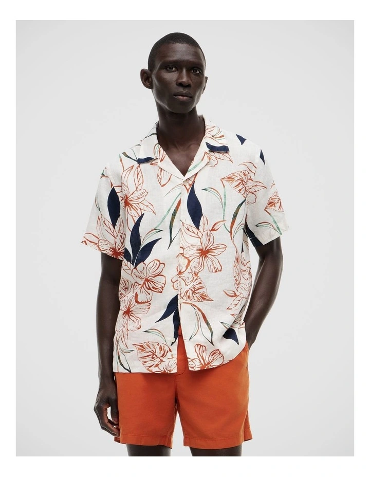 Regular Tropical Print Linen Short Sleeve Shirt in Beige image 1