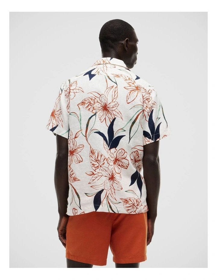Regular Tropical Print Linen Short Sleeve Shirt in Beige image 2