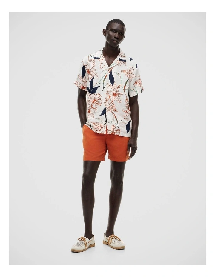 Regular Tropical Print Linen Short Sleeve Shirt in Beige image 3