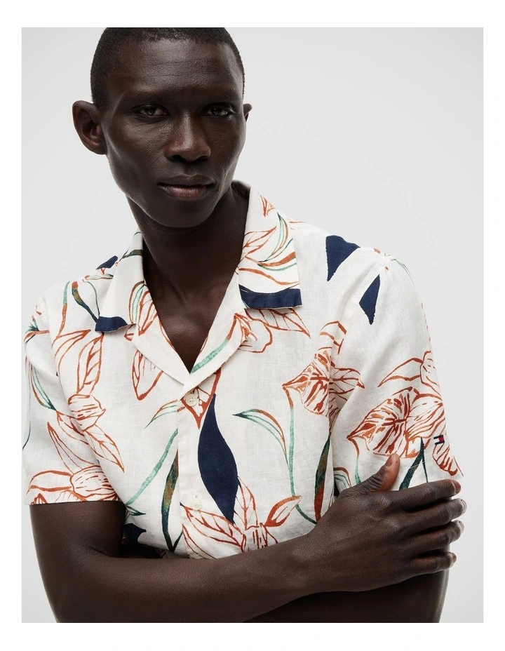 Regular Tropical Print Linen Short Sleeve Shirt in Beige image 4