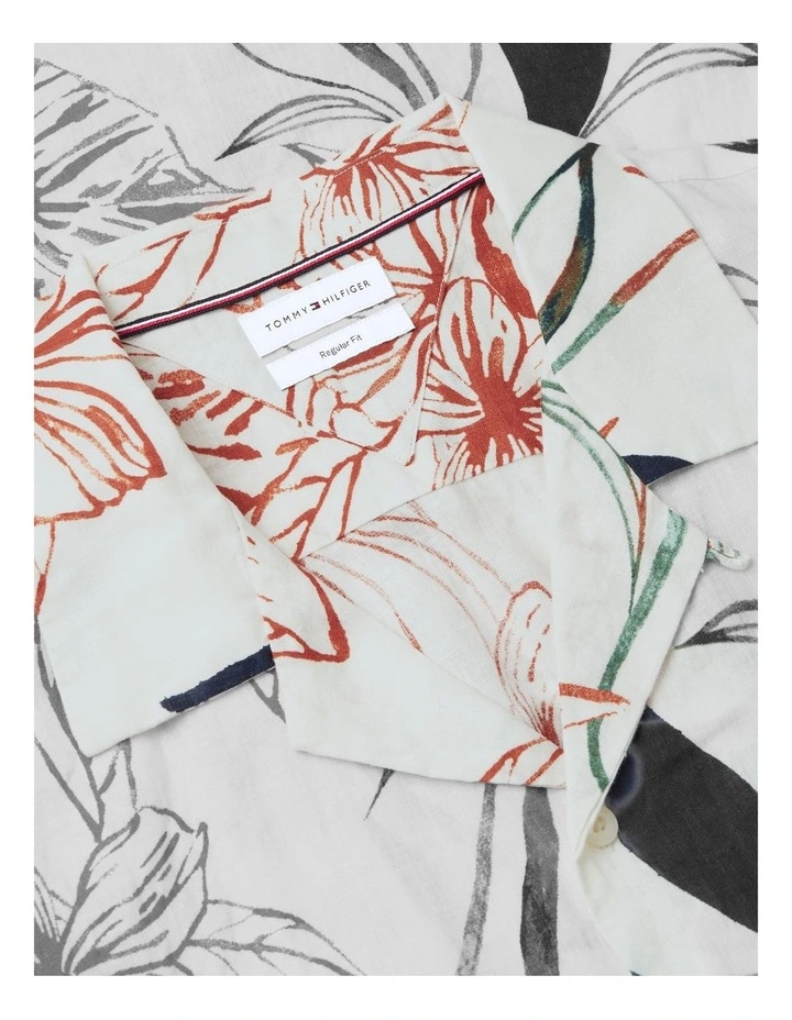 Regular Tropical Print Linen Short Sleeve Shirt in Beige image 5