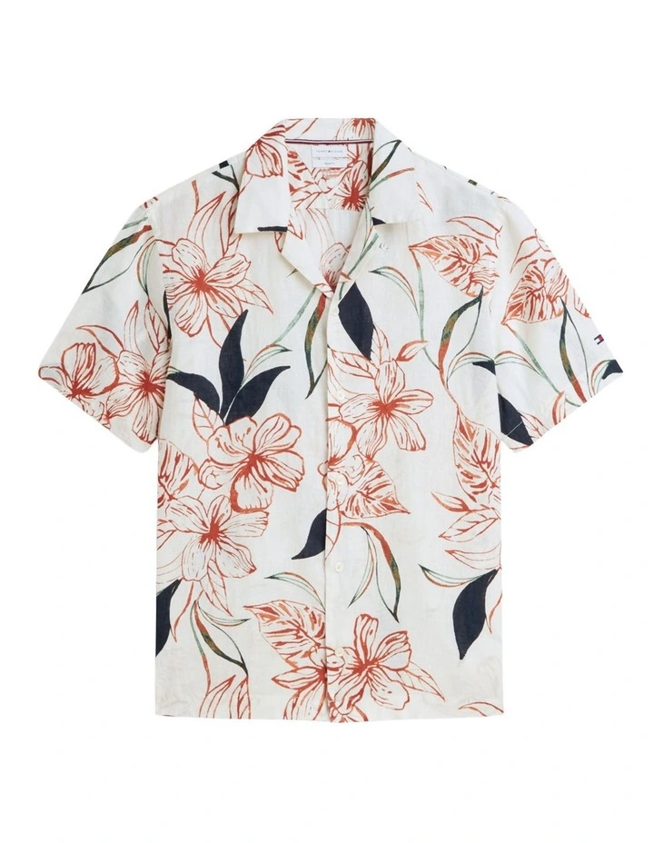 Regular Tropical Print Linen Short Sleeve Shirt in Beige image 6