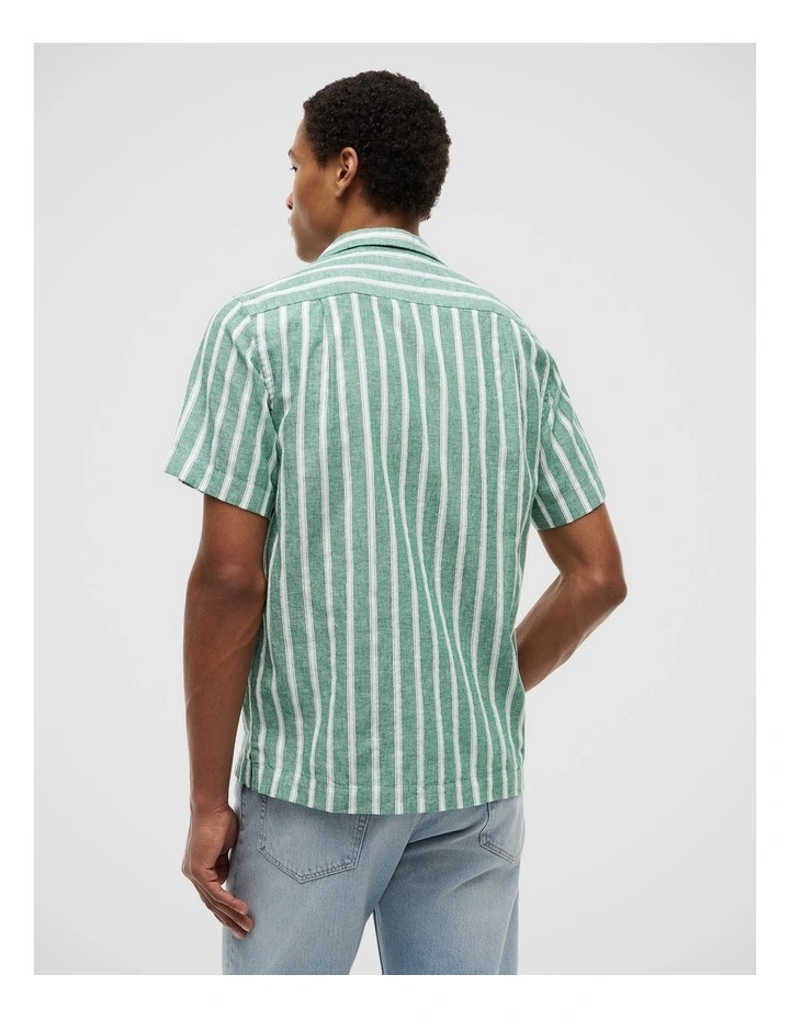 Linen Blend Textured Stripe Short Sleeve Shirt in Green image 2
