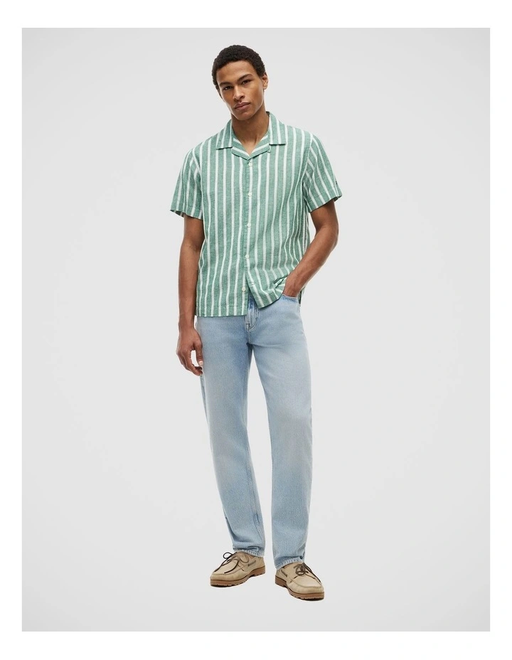 Linen Blend Textured Stripe Short Sleeve Shirt in Green image 3