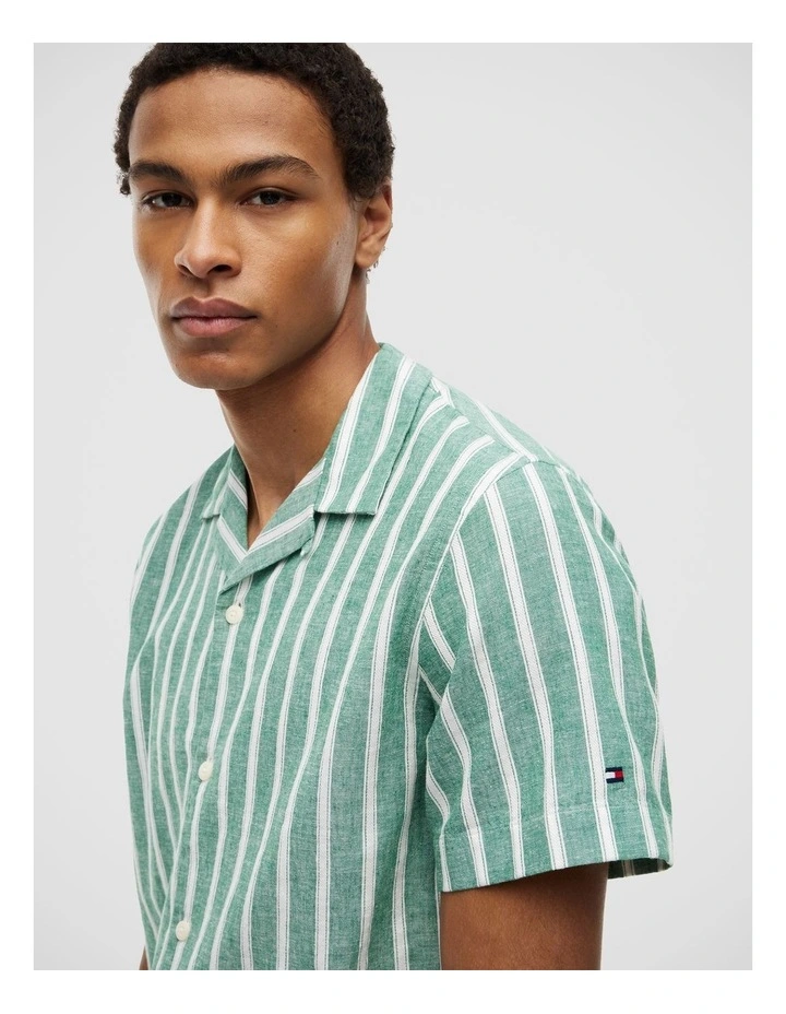 Linen Blend Textured Stripe Short Sleeve Shirt in Green image 4