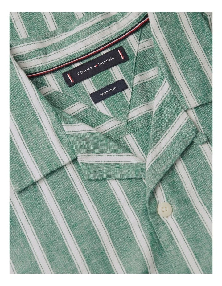 Linen Blend Textured Stripe Short Sleeve Shirt in Green image 5