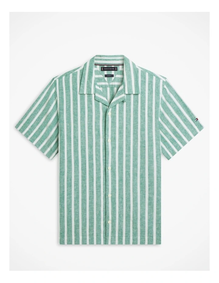 Linen Blend Textured Stripe Short Sleeve Shirt in Green image 6