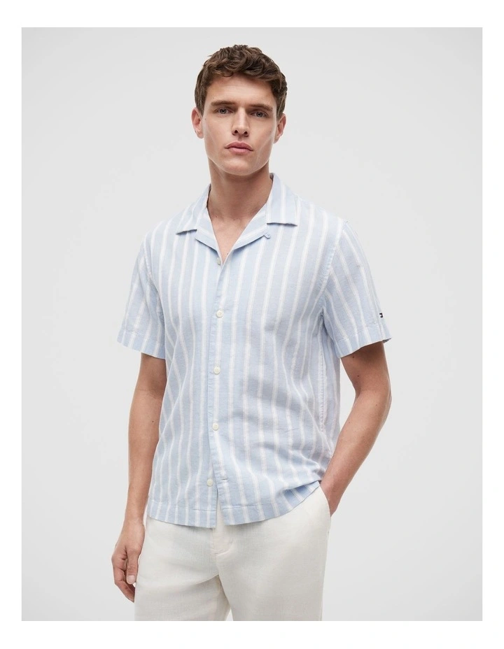 Linen Blend Textured Stripe Short Sleeve Shirt in Blue image 1