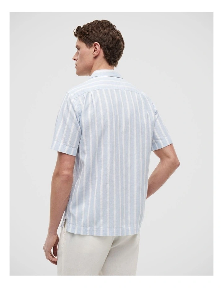 Linen Blend Textured Stripe Short Sleeve Shirt in Blue image 2