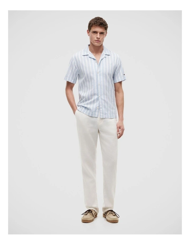 Linen Blend Textured Stripe Short Sleeve Shirt in Blue image 3