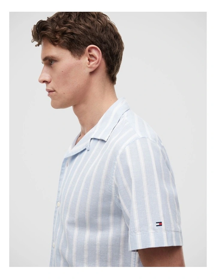 Linen Blend Textured Stripe Short Sleeve Shirt in Blue image 4