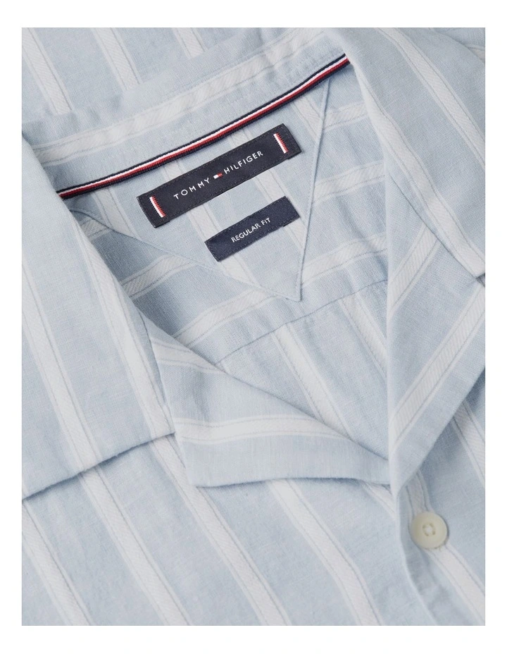 Linen Blend Textured Stripe Short Sleeve Shirt in Blue image 5
