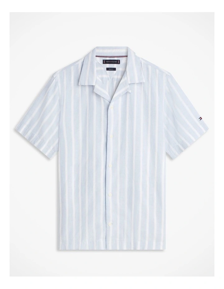 Linen Blend Textured Stripe Short Sleeve Shirt in Blue image 6