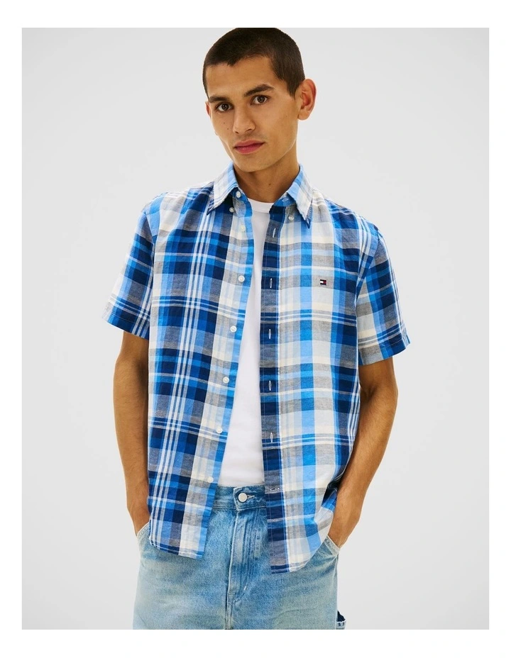 Linen Blend Plaid Shirt in Blue image 1