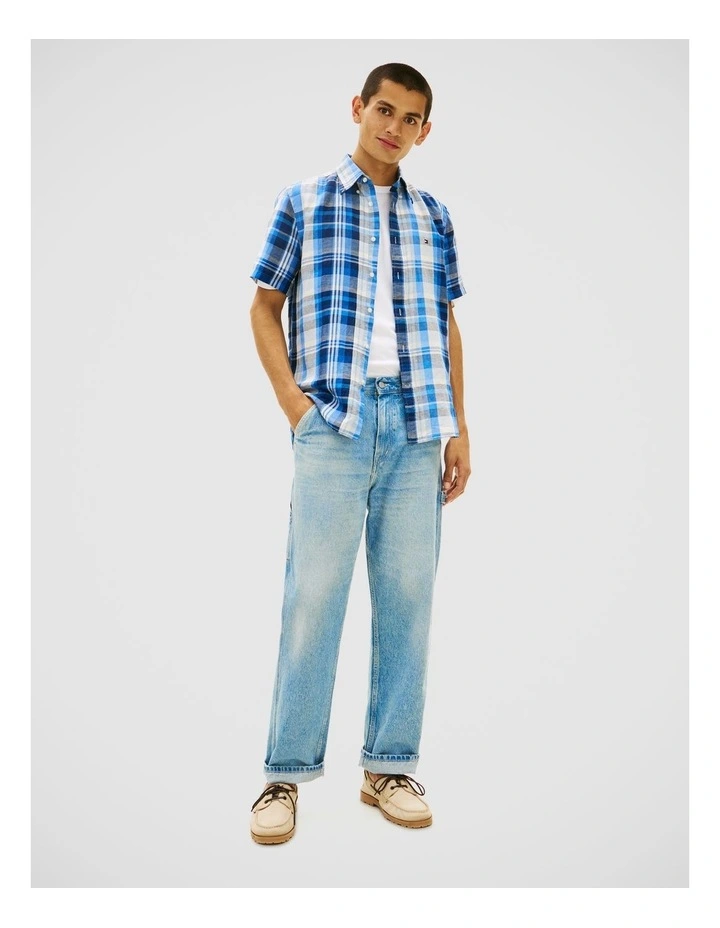 Linen Blend Plaid Shirt in Blue image 3