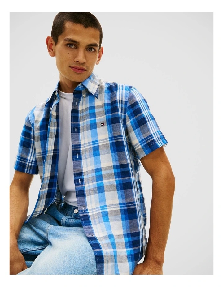 Linen Blend Plaid Shirt in Blue image 4