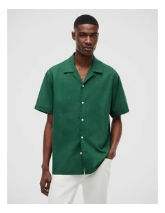 Relaxed Fit Windowpane Check Short Sleeve Shirt in Green
