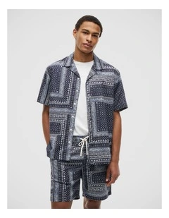 Relaxed Fit Bandana Print Short Sleeve Shirt in Navy