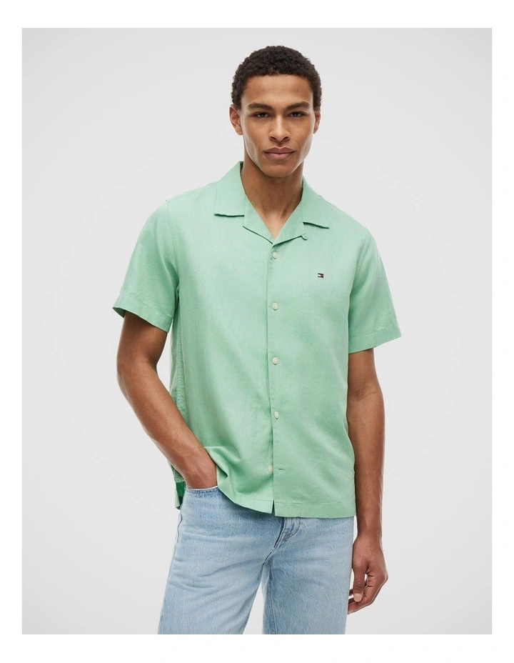 Regular Fit Linen Blend Short Sleeve Shirt in Green image 1