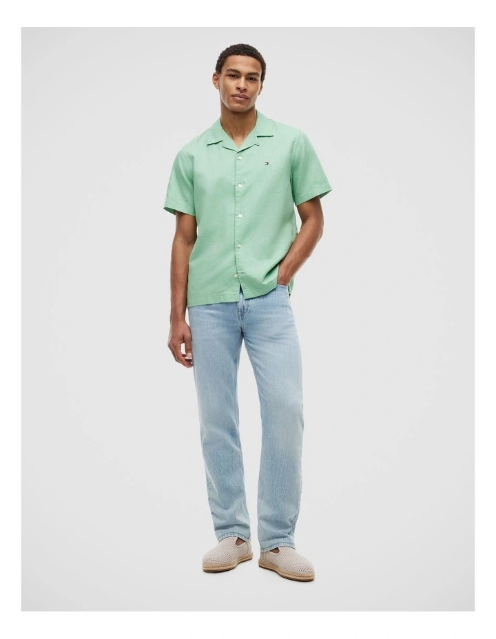 Regular Fit Linen Blend Short Sleeve Shirt in Green image 3