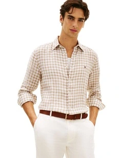 Gingham Check Regular Fit Pure Linen Shirt in Beige