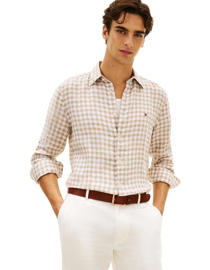 Gingham Check Regular Fit Pure Linen Shirt in Beige image 1