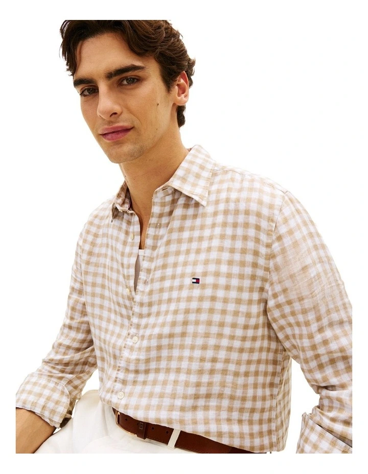Gingham Check Regular Fit Pure Linen Shirt in Beige image 2