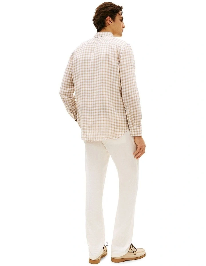 Gingham Check Regular Fit Pure Linen Shirt in Beige image 3