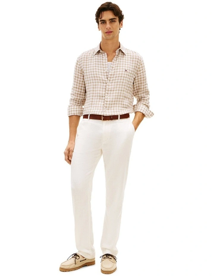 Gingham Check Regular Fit Pure Linen Shirt in Beige image 4
