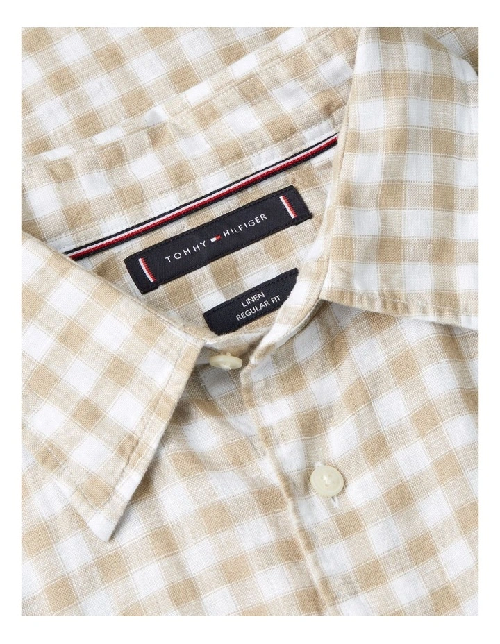 Gingham Check Regular Fit Pure Linen Shirt in Beige image 5