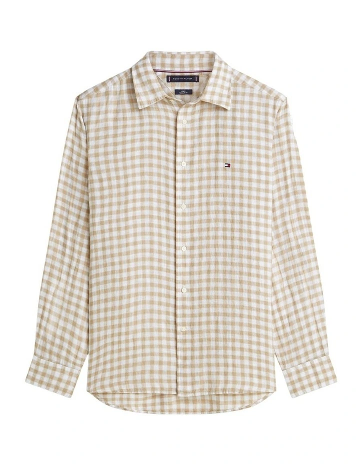 Gingham Check Regular Fit Pure Linen Shirt in Beige image 6